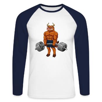 Funny bodybuilder gym fitness bull workout - Unisex Long Sleeve Baseball T-Shirt - white/navy - Front - Nik (191cm)