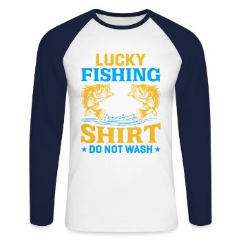 Lucky Fishing T-shirt - Unisex Long Sleeve Baseball T-Shirt - white/navy - Front - Nik (191cm)