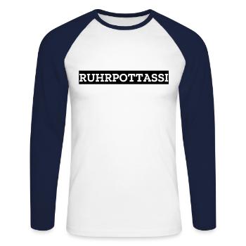 Ruhrpottassi Ruhrpott Assi - Unisex Baseballshirt langarm - Weiß/Navy - Vorne - Nik (191cm)