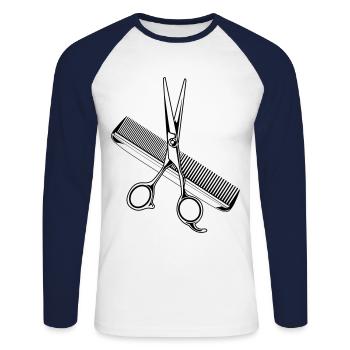 icône de styliste peigne ciseaux - T-shirt baseball manches longues Homme - blanc/marine - Devant - Nik (191cm)