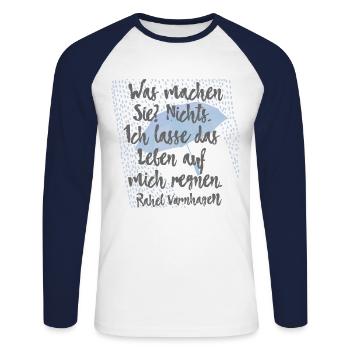 Ich lasse das Leben auf mich regnen – Varnhagen 2 - Unisex Baseballshirt langarm - Weiß/Navy - Vorne - Nik (191cm)
