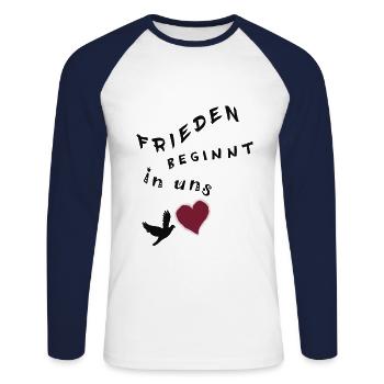 Frieden beginnt in uns - Unisex Baseballshirt langarm - Weiß/Navy - Vorne - Nik (191cm)