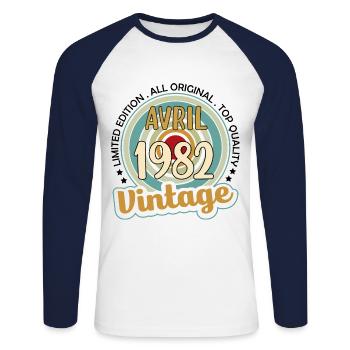 Vintage Flourish Cadeau Anniversaire Avril 1982 - T-shirt baseball manches longues Homme - blanc/marine - Devant - Nik (191cm)