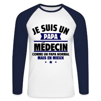 papa médecin : cadeau fête des pères - T-shirt baseball manches longues Homme - blanc/marine - Devant - Nik (191cm)