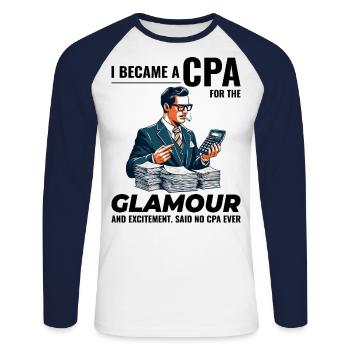 CPA Chronicles: Glamour und Aufregung enthüllt - Unisex Baseballshirt langarm - Weiß/Navy - Vorne - Nik (191cm)