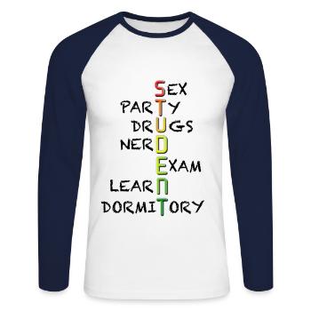 étudiant - T-shirt baseball manches longues Homme - blanc/marine - Devant - Nik (191cm)