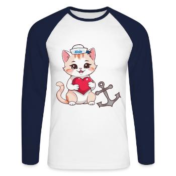 Moin maritim Katze Katzen Seemann Ahoi - Unisex Baseballshirt langarm - Weiß/Navy - Vorne - Nik (191cm)