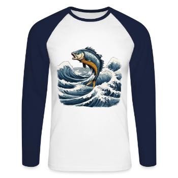 Ukiyo-e Angler Vintage Wellen Fisch Kunst Design - Unisex Baseballshirt langarm - Weiß/Navy - Vorne - Nik (191cm)