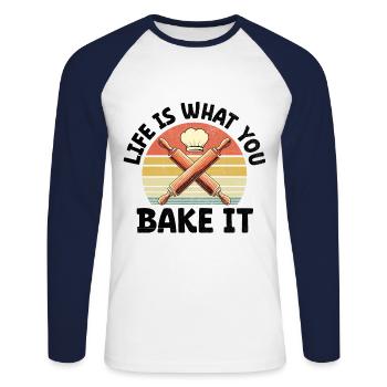 Life Is What You Bake It Pastry Bread Baking Cake - Unisex Long Sleeve Baseball T-Shirt - white/navy - Front - Nik (191cm)