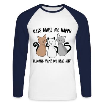 Cats Make Me Happy Humans Make My Heart Hurt Anima - Unisex Baseballshirt langarm - Weiß/Navy - Vorne - Nik (191cm)
