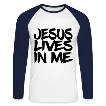 Jésus vit en moi - T-shirt baseball manches longues Homme - blanc/marine - Devant - Nik (191cm)