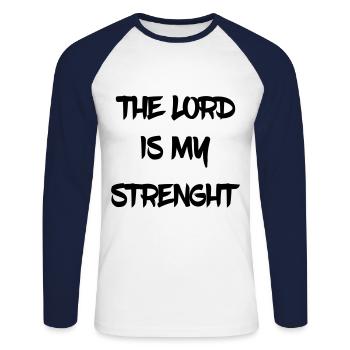 THE LORD IS MY STRENGHT - DER HERR IST MEINE KRAFT - Unisex Baseballshirt langarm - Weiß/Navy - Vorne - Nik (191cm)