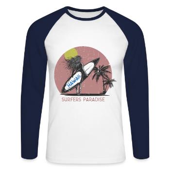 Hawaii Surffers Paradise Surf Girl Sunset Vintage - T-shirt baseball manches longues Homme - blanc/marine - Devant - Nik (191cm)