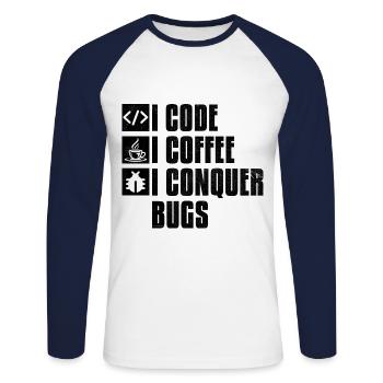 Café Codage Programmeur Codeur Développeur Nerd Coff - T-shirt baseball manches longues Homme - blanc/marine - Devant - Nik (191cm)