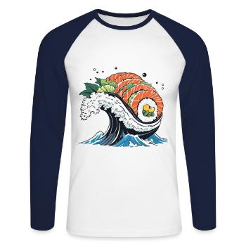Ukiyo-E Sushi Welle Aesthetic Design - Unisex Baseballshirt langarm - Weiß/Navy - Vorne - Nik (191cm)