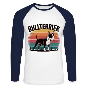 Bullterrier im Retro Sonnen-Style - Unisex Baseballshirt langarm - Weiß/Navy - Vorne - Nik (191cm)