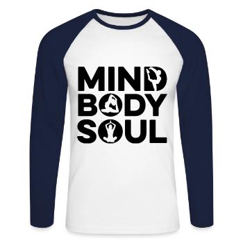 Mind Body Soul Meditate Spirituality Relaxation Me - Unisex Baseballshirt langarm - Weiß/Navy - Vorne - Nik (191cm)