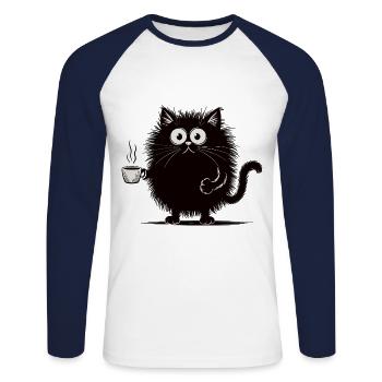 Black Cat with Coffee Shirt - Unisex Long Sleeve Baseball T-Shirt - white/navy - Front - Nik (191cm)