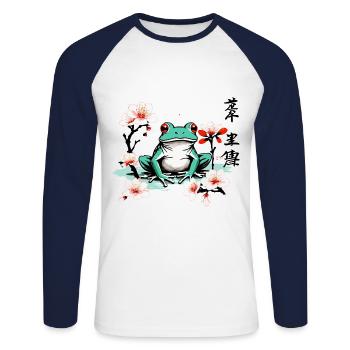 Grenouille japonaise fleurs de cerisier Vintage Art - T-shirt baseball manches longues Homme - blanc/marine - Devant - Nik (191cm)
