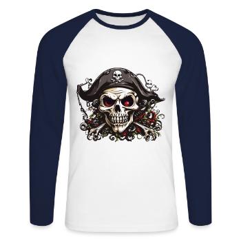 Jolly Roger Pirate Halloween Skull Design - Unisex Long Sleeve Baseball T-Shirt - white/navy - Front - Nik (191cm)