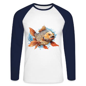 Ästhetischer Fisch Angelkunst Fischer Design - Unisex Baseballshirt langarm - Weiß/Navy - Vorne - Nik (191cm)