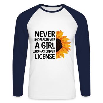 Never Underestimate A Girl Who Has Driver License - Unisex Long Sleeve Baseball T-Shirt - white/navy - Front - Nik (191cm)