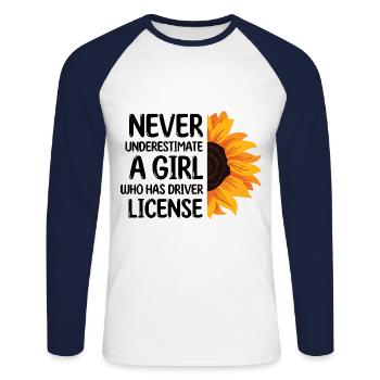 Never Underestimate A Girl Who Has Driver License - Unisex Long Sleeve Baseball T-Shirt - white/navy - Front - Nik (191cm)