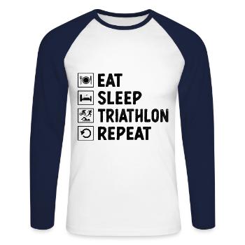 Essen, Schlaf, Triathlon, Wiederholung, Schwimmen, Radfahren, Laufen, Triathlet - Unisex Baseballshirt langarm - Weiß/Navy - Vorne - Nik (191cm)