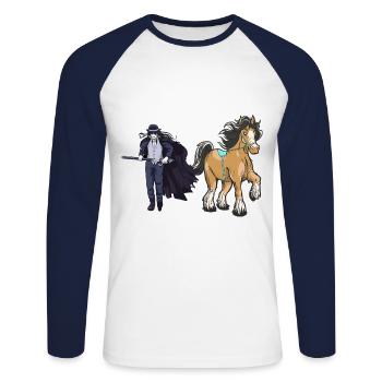 Personnage de conte de fées, conte de fées, épéiste, cheval, cheval - T-shirt baseball manches longues Homme - blanc/marine - Devant - Nik (191cm)