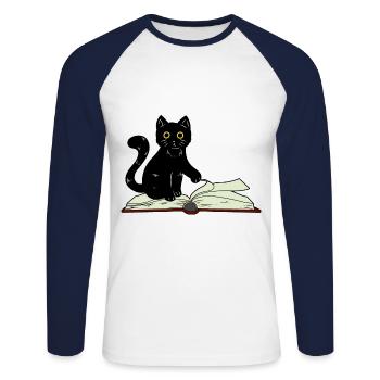 Cat Wizard Conjure Book Children Fantasy Occult - Unisex Long Sleeve Baseball T-Shirt - white/navy - Front - Nik (191cm)