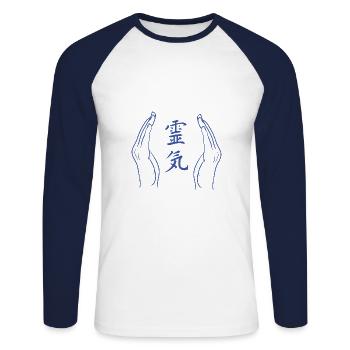 Mains avec signe Reiki - Énergétique - T-shirt baseball manches longues Homme - blanc/marine - Devant - Nik (191cm)