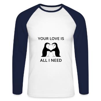 Coeur de pingouins je t'aime Saint Valentin - T-shirt baseball manches longues Homme - blanc/marine - Devant - Nik (191cm)