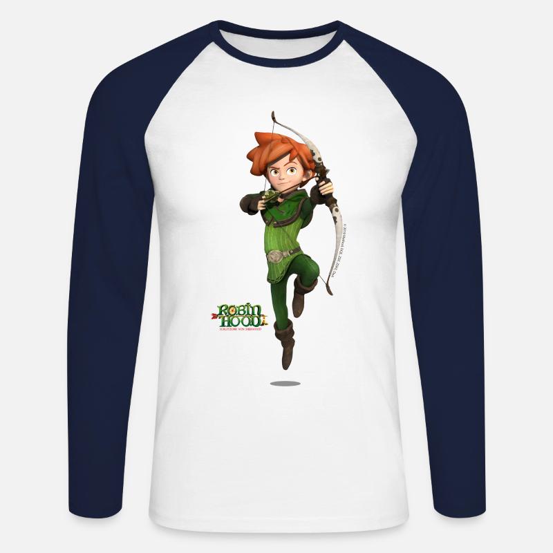 Robin Hood Schlitzohr von Sherwood Pose mit Bogen - Unisex Baseballshirt langarm - Weiß/Navy