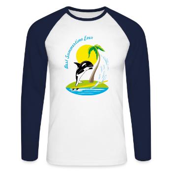 Baleine orque de dessin animé souriante sur une planche de surf - T-shirt baseball manches longues Homme - blanc/marine - Devant - Nik (191cm)