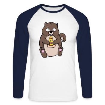 Fat Squirrel Eating Pizza Funny Comic Style - Unisex Long Sleeve Baseball T-Shirt - white/navy - Front - Nik (191cm)