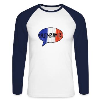 Hello my friends! - French - Unisex Long Sleeve Baseball T-Shirt - white/navy - Front - Nik (191cm)