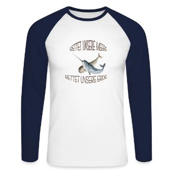 Sauvez notre t-shirt narval - T-shirt baseball manches longues Homme - blanc/marine - Devant - Nik (191cm)
