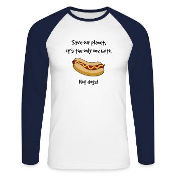 Save our planet, it's the only with Hot Dogs! - Unisex Baseballshirt langarm - Weiß/Navy - Vorne - Nik (191cm)