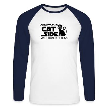 Espace chats - Humour de chat - Cadeau - T-shirt baseball manches longues Homme - blanc/marine - Devant - Nik (191cm)