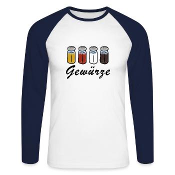 Gewürze / Salz Pfeffer Chilli Curry - Unisex Baseballshirt langarm - Weiß/Navy - Vorne - Nik (191cm)