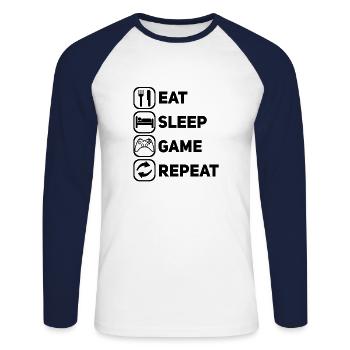 Eat Sleep Game Repeat - Gaming Spruch - Unisex Baseballshirt langarm - Weiß/Navy - Vorne - Nik (191cm)