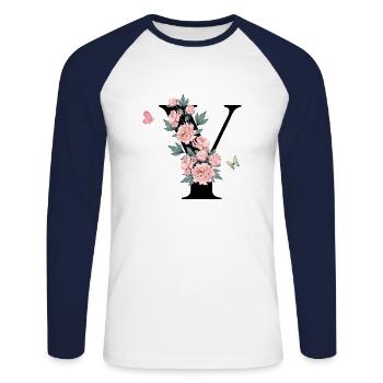 Buchstaben und rosa Blumen - Unisex Baseballshirt langarm - Weiß/Navy - Vorne - Nik (191cm)