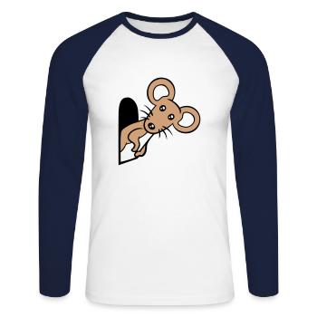 Maus Wand Loch Mauseloch Guckt Süß Lustig Comic - Unisex Baseballshirt langarm - Weiß/Navy - Vorne - Nik (191cm)