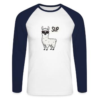 Lama cool avec des lunettes de soleil – Drôle de dicton T-S - T-shirt baseball manches longues Homme - blanc/marine - Devant - Nik (191cm)