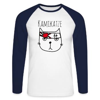Cartoon samurai kamikaze cat - Unisex Long Sleeve Baseball T-Shirt - white/navy - Front - Nik (191cm)