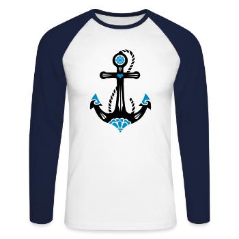 Anker, 23 Farben möglich, Tattoo Style, Maritim - Unisex Baseballshirt langarm - Weiß/Navy - Vorne - Nik (191cm)