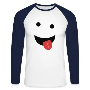 Monster zeigt Zunge - Lustiges Gesicht mit Augen - Unisex Baseballshirt langarm - Weiß/Navy - Vorne - Nik (191cm)