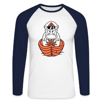 Lustiges Nilpferd Kapitän Segelt Süß Cartoon Comic - Unisex Baseballshirt langarm - Weiß/Navy - Vorne - Nik (191cm)
