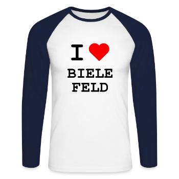Ich liebe Bielefeld / I love Bielefeld - Unisex Baseballshirt langarm - Weiß/Navy - Vorne - Nik (191cm)