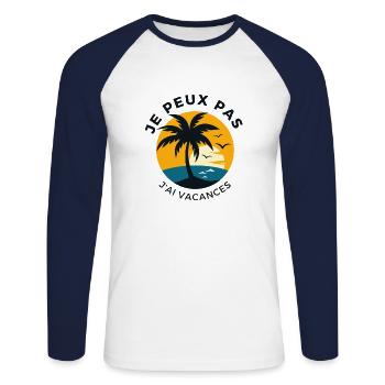 Ich kann nicht Urlaub machen - Unisex Baseballshirt langarm - Weiß/Navy - Vorne - Nik (191cm)
